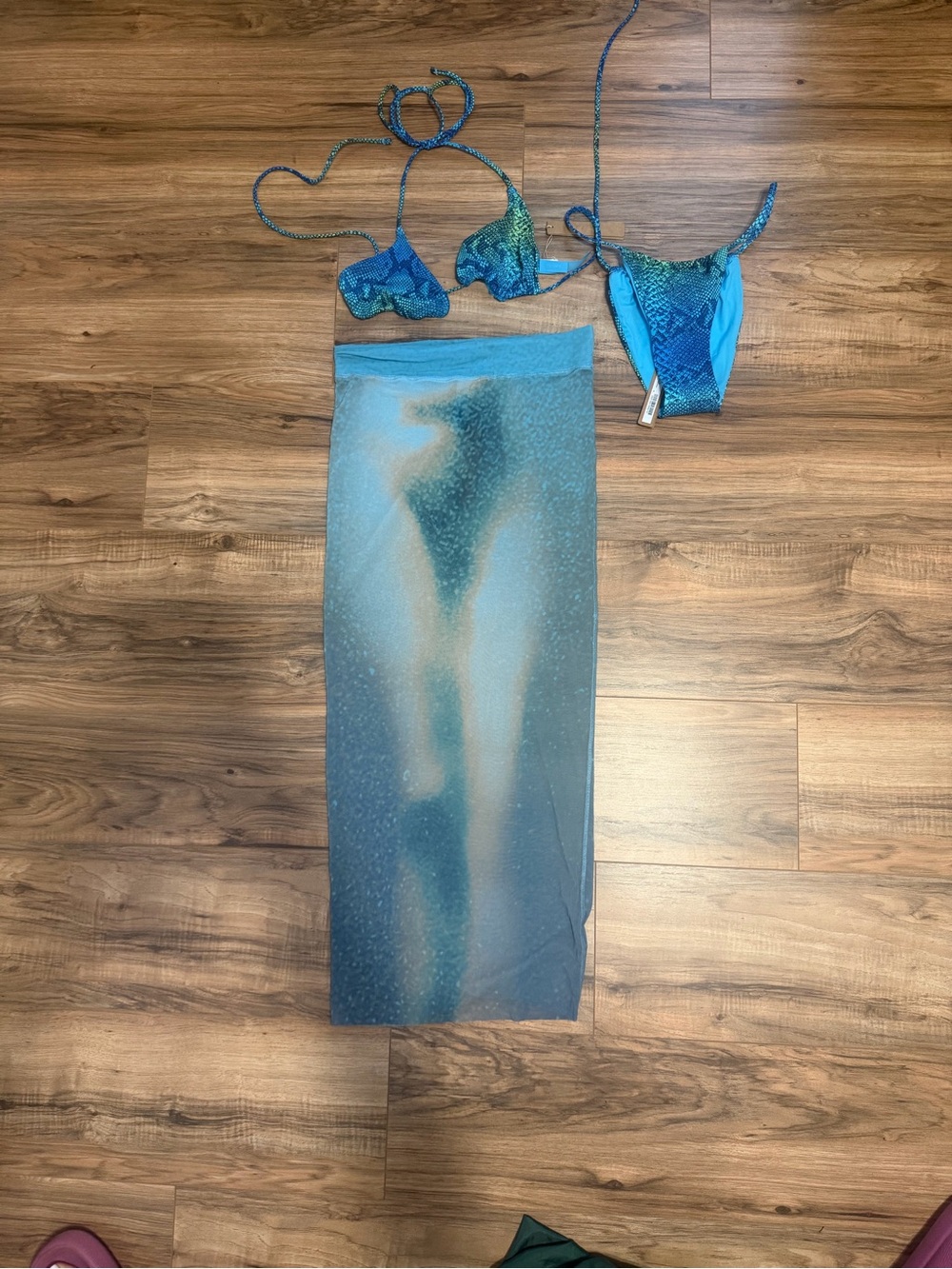SKIMS Blue Ombre Mesh Sarong with Aqua Patterned Bikini Set